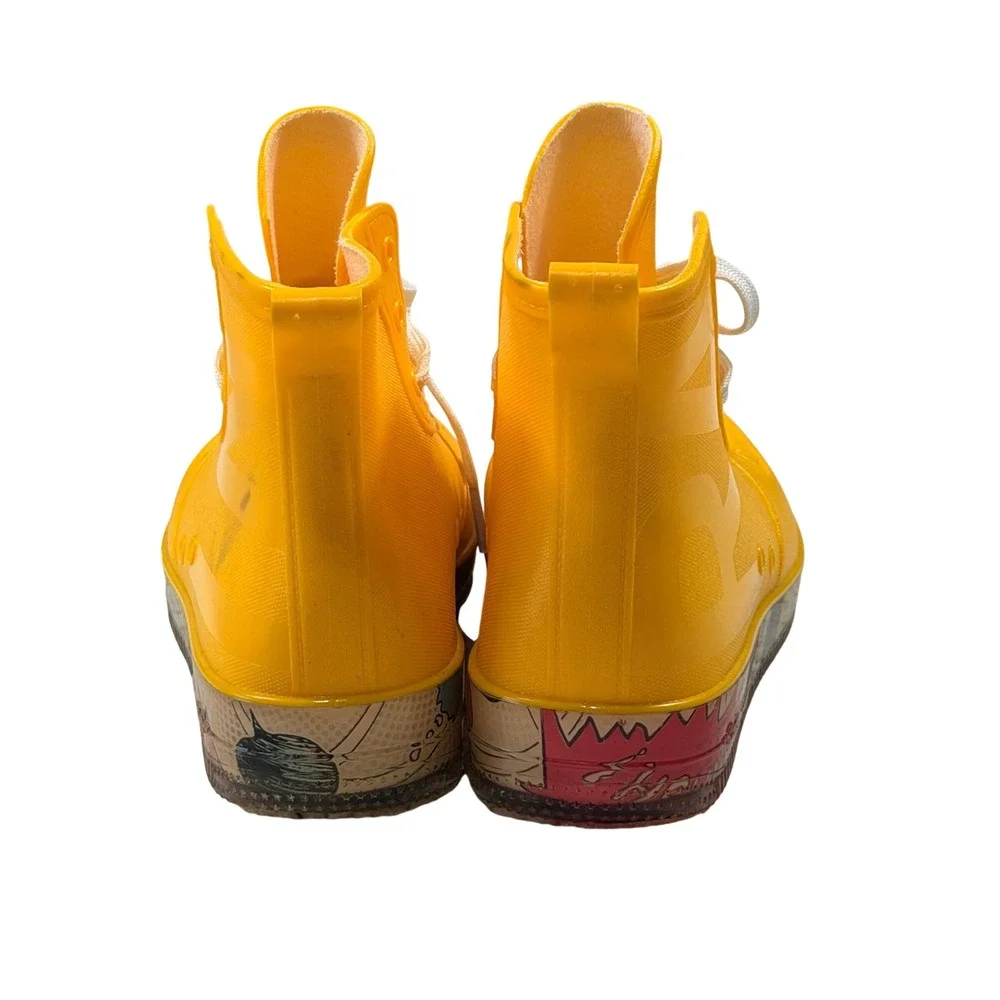 Yellow Rubber Rain Boots Comic Graphic Midsole Lace Up Waterproof Shoes EUC